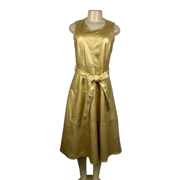 Fashion Collection Gold Faux Leather Sleeveless A-Line Midi Dress Belted Sz M - Picture 1 of 11